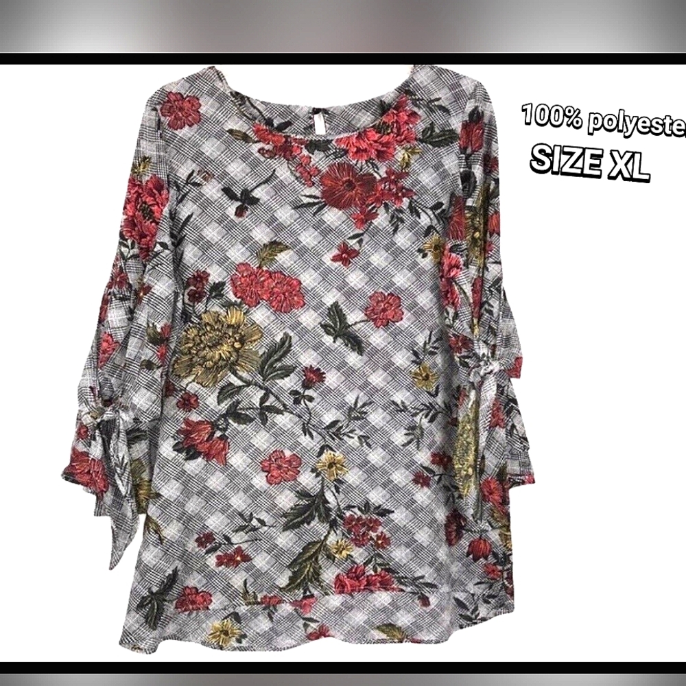 🦩JL JULES & LEOPOLD Plaid / Floral XL Blouse Woman's Lightweight Flowy Cottage